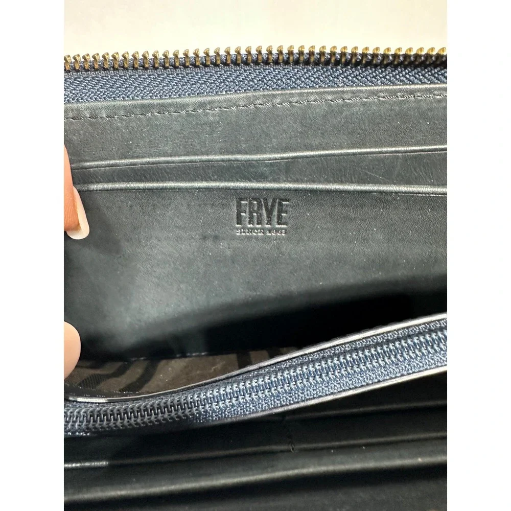 Frye Melissa Zip Around Leather Wallet Navy Slate Blue‎ Whipstitch Continental - Picture 6 of 7